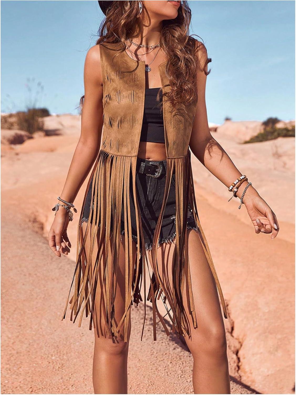imageWomens Fringe Vest Sleeveless 70s Hippie Faux Suede Trim Western Cowgirl Tassel Jacket CardiganBrown