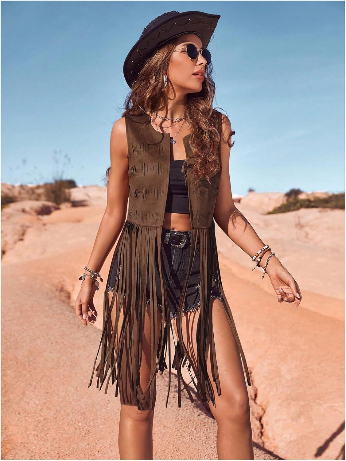 imageWomens Fringe Vest Sleeveless 70s Hippie Faux Suede Trim Western Cowgirl Tassel Jacket CardiganBrown Plain