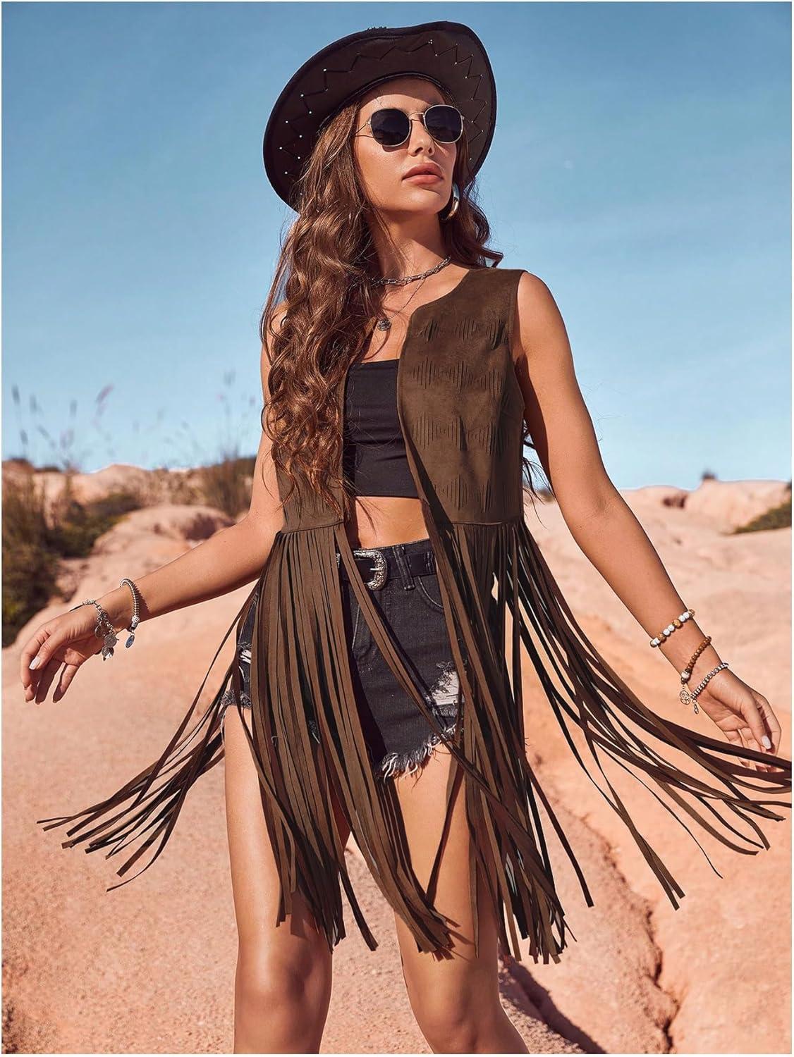 imageWomens Fringe Vest Sleeveless 70s Hippie Faux Suede Trim Western Cowgirl Tassel Jacket CardiganBrown Plain