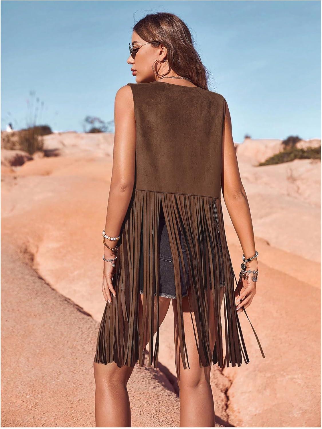 imageWomens Fringe Vest Sleeveless 70s Hippie Faux Suede Trim Western Cowgirl Tassel Jacket CardiganBrown Plain