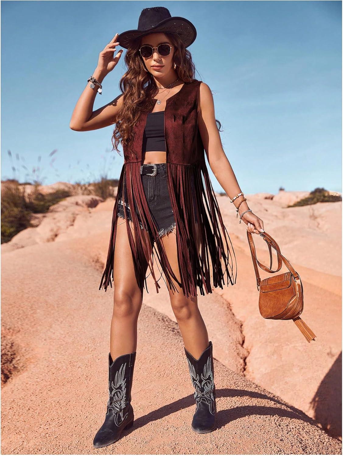 imageWomens Fringe Vest Sleeveless 70s Hippie Faux Suede Trim Western Cowgirl Tassel Jacket CardiganBurgundy