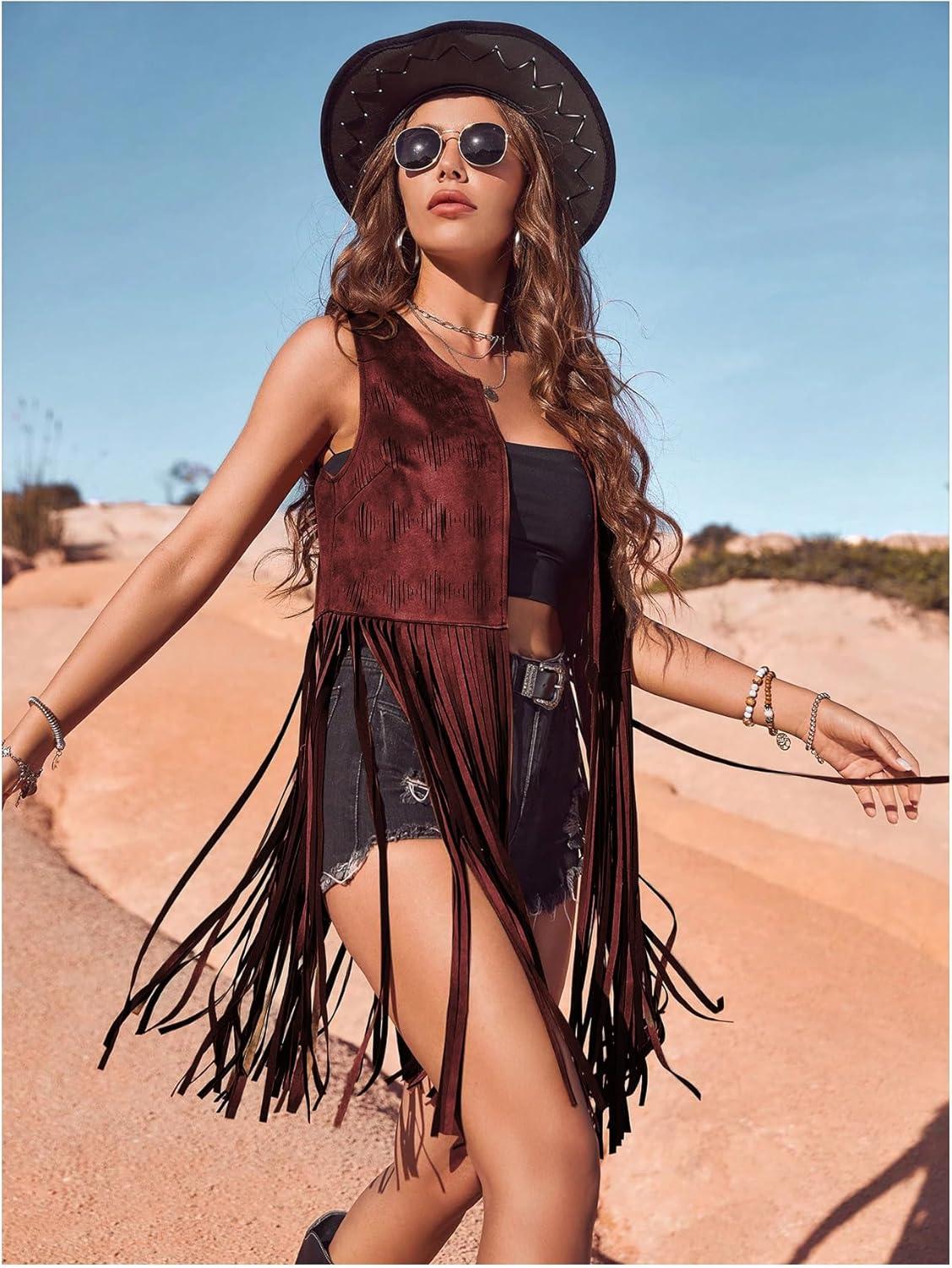 imageWomens Fringe Vest Sleeveless 70s Hippie Faux Suede Trim Western Cowgirl Tassel Jacket CardiganBurgundy