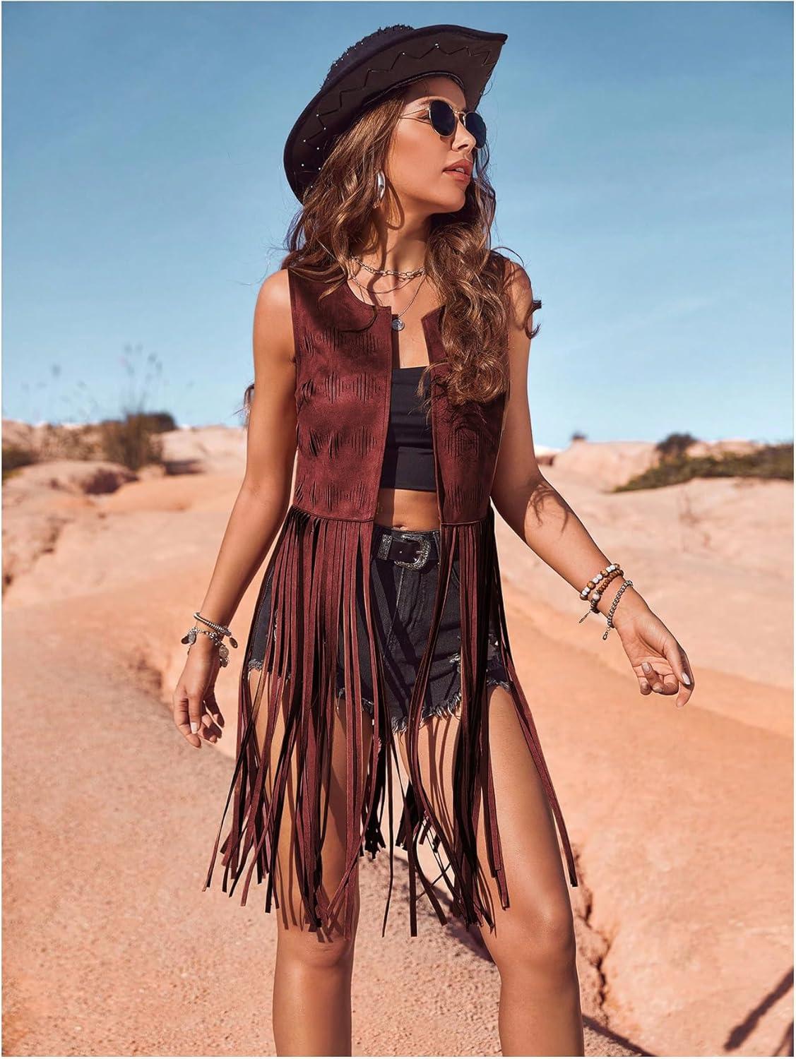 imageWomens Fringe Vest Sleeveless 70s Hippie Faux Suede Trim Western Cowgirl Tassel Jacket CardiganBurgundy