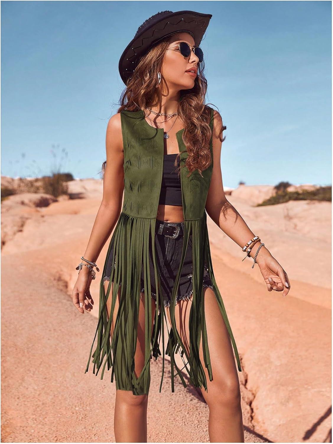 imageWomens Fringe Vest Sleeveless 70s Hippie Faux Suede Trim Western Cowgirl Tassel Jacket CardiganGreen