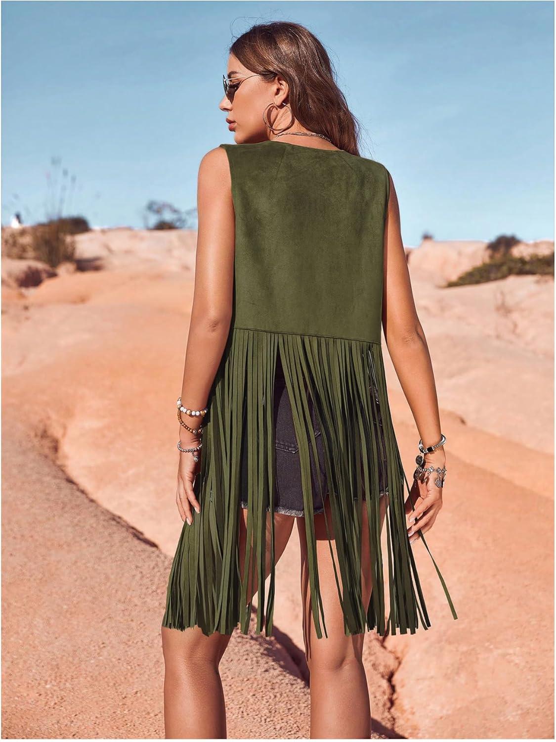 imageWomens Fringe Vest Sleeveless 70s Hippie Faux Suede Trim Western Cowgirl Tassel Jacket CardiganGreen