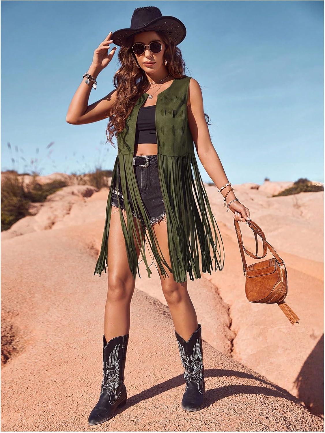 imageWomens Fringe Vest Sleeveless 70s Hippie Faux Suede Trim Western Cowgirl Tassel Jacket CardiganGreen