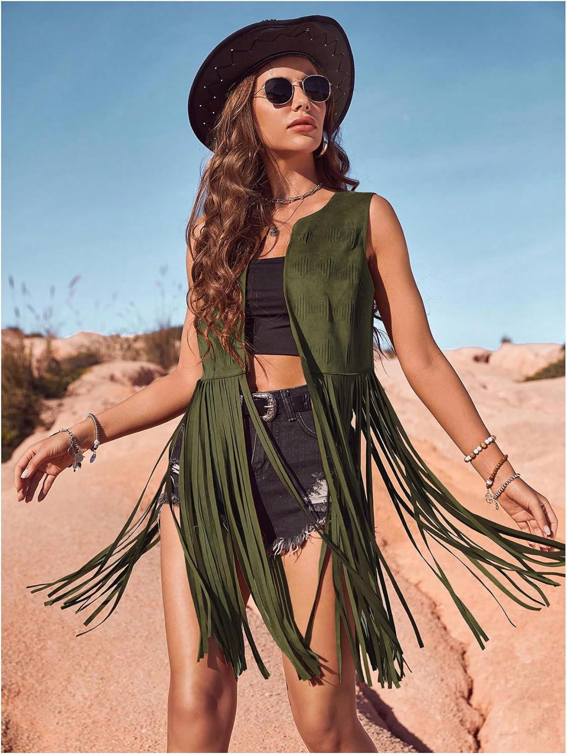 imageWomens Fringe Vest Sleeveless 70s Hippie Faux Suede Trim Western Cowgirl Tassel Jacket CardiganGreen