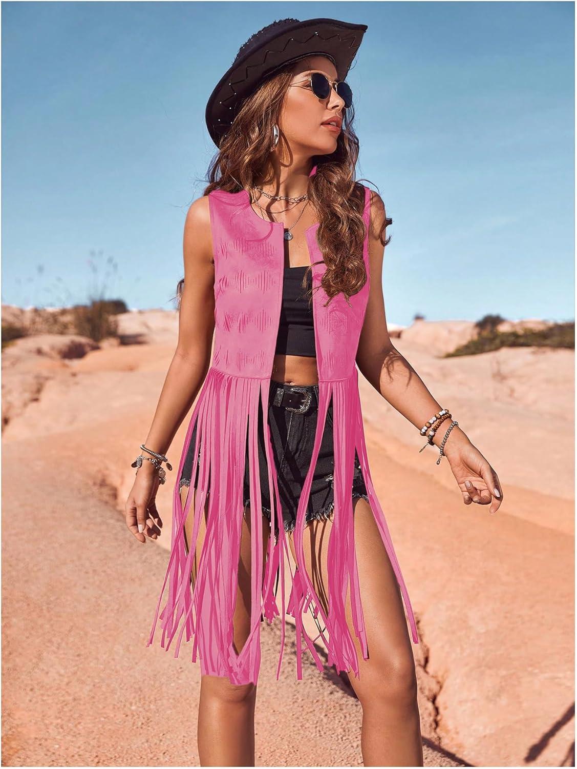 imageWomens Fringe Vest Sleeveless 70s Hippie Faux Suede Trim Western Cowgirl Tassel Jacket CardiganPink
