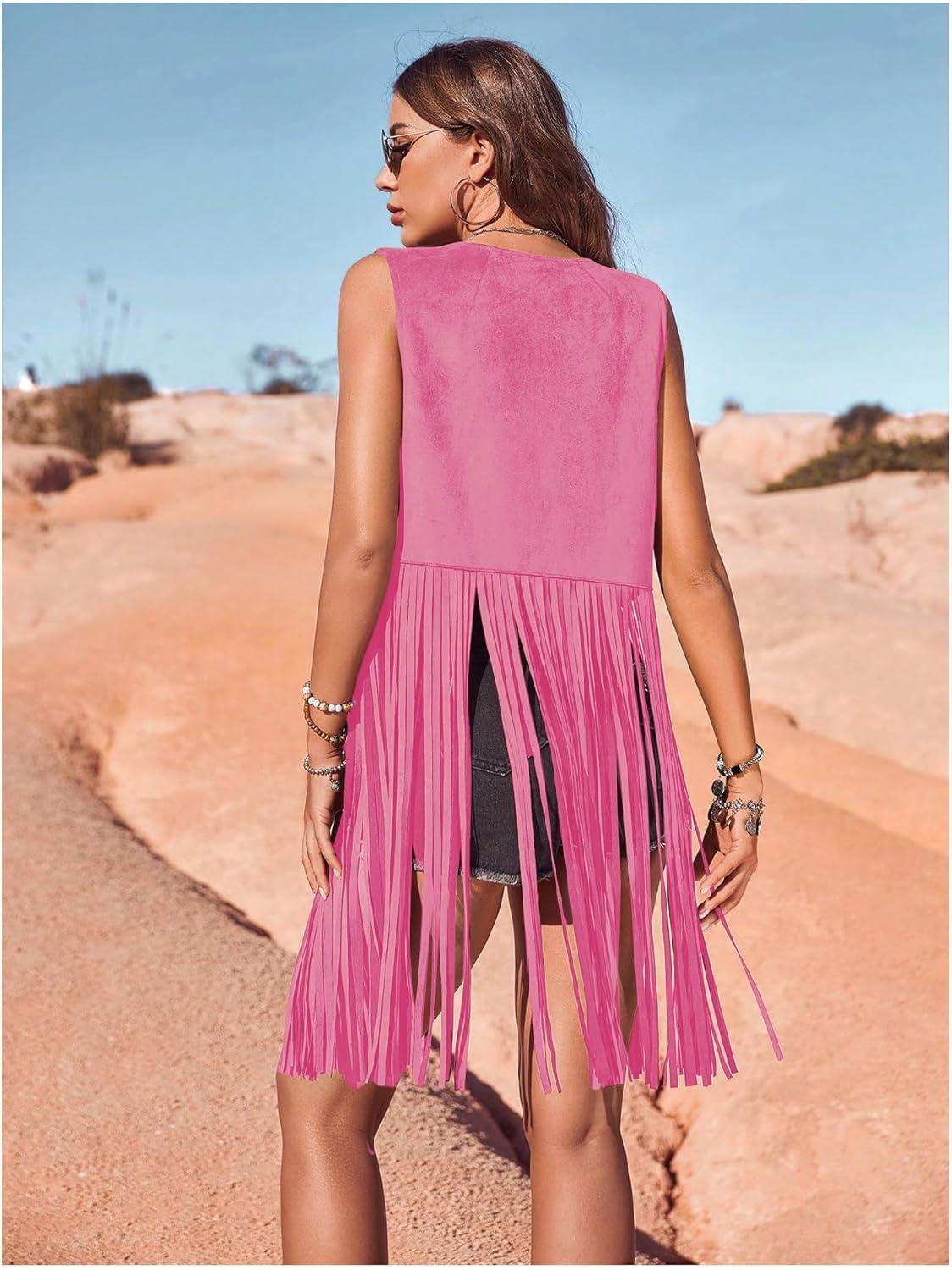 imageWomens Fringe Vest Sleeveless 70s Hippie Faux Suede Trim Western Cowgirl Tassel Jacket CardiganPink