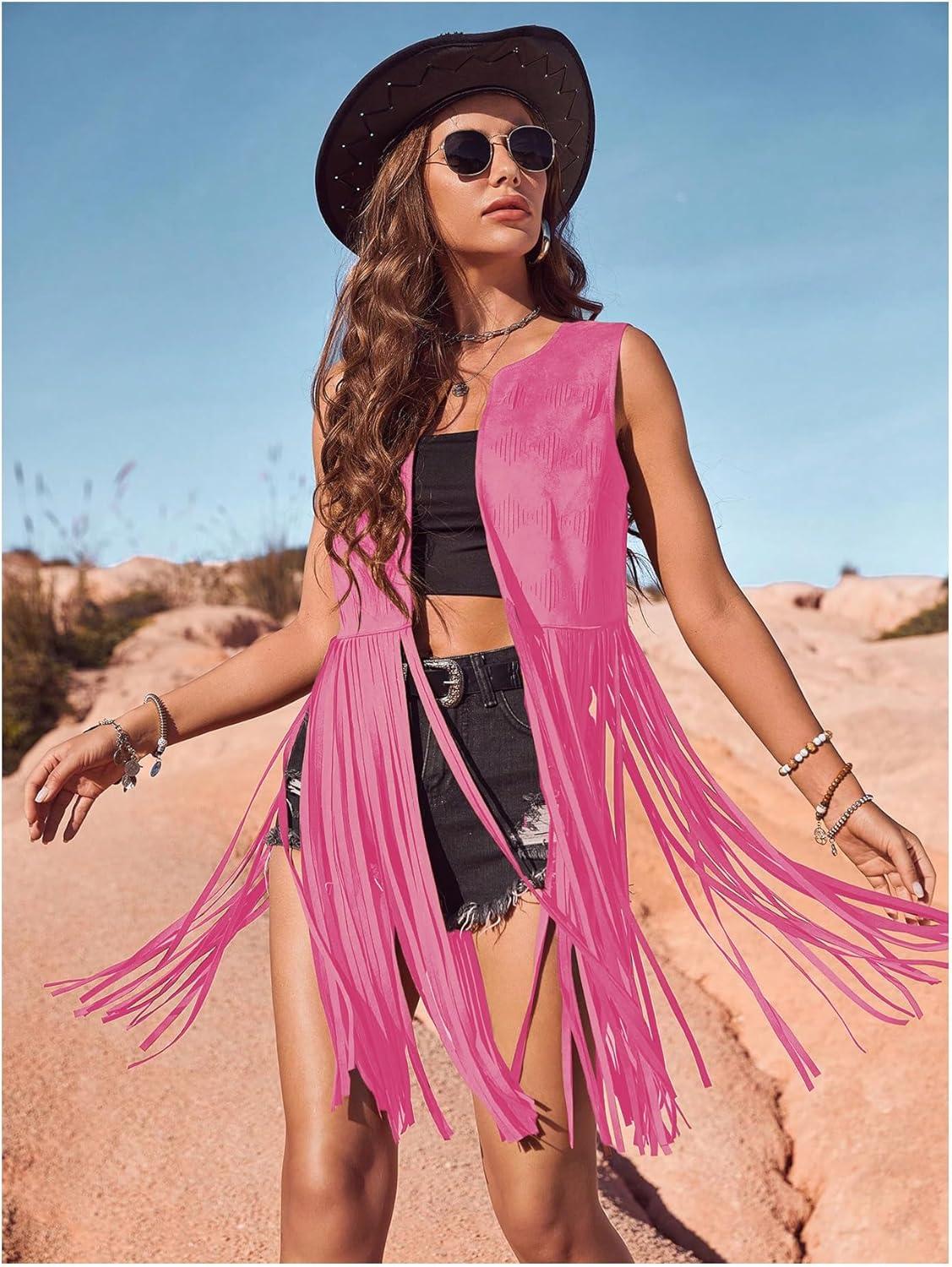 imageWomens Fringe Vest Sleeveless 70s Hippie Faux Suede Trim Western Cowgirl Tassel Jacket CardiganPink