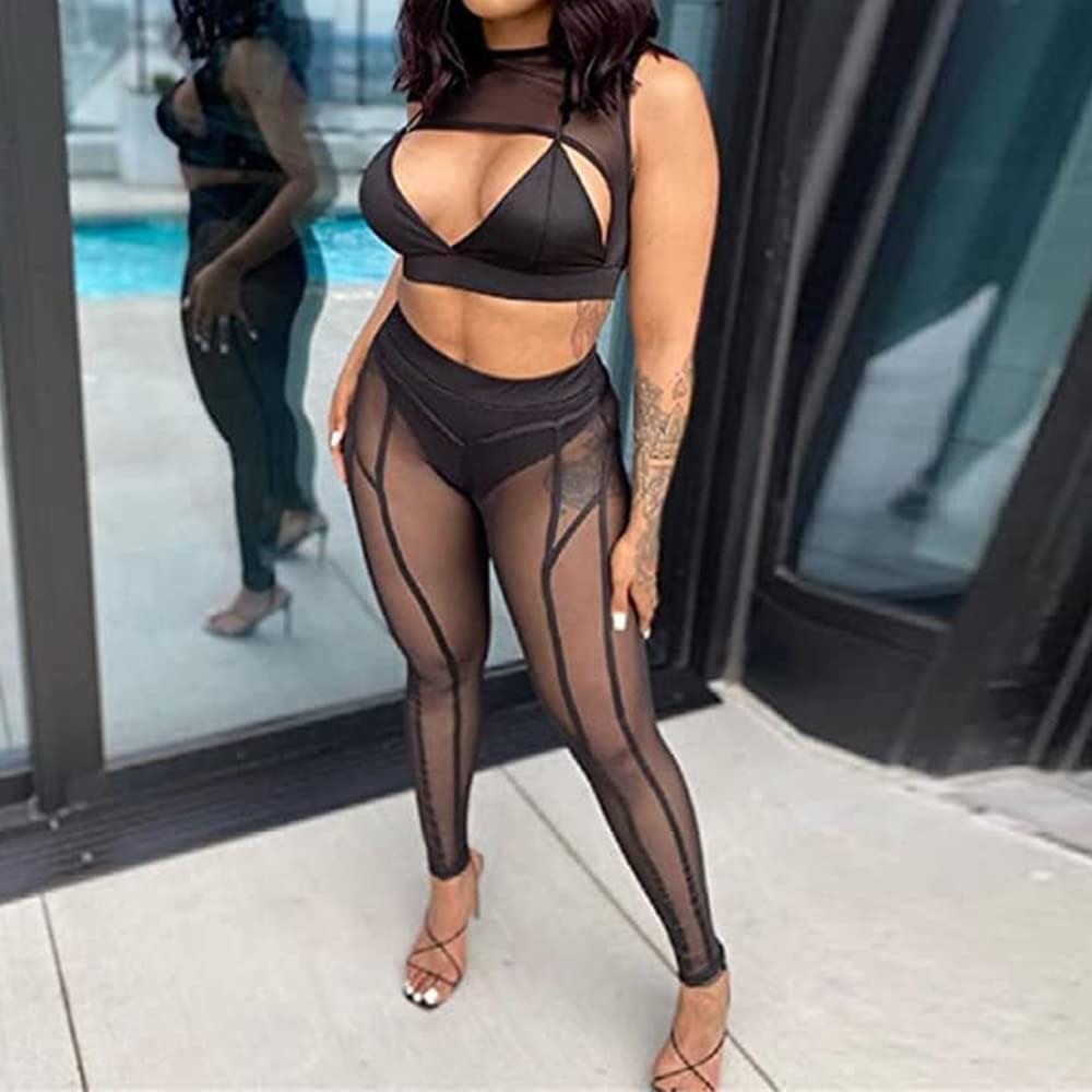 imageWomens Sexy See Through Sheer Mesh Pants Leggings High Waist Casual Sweatpants TightsBlack