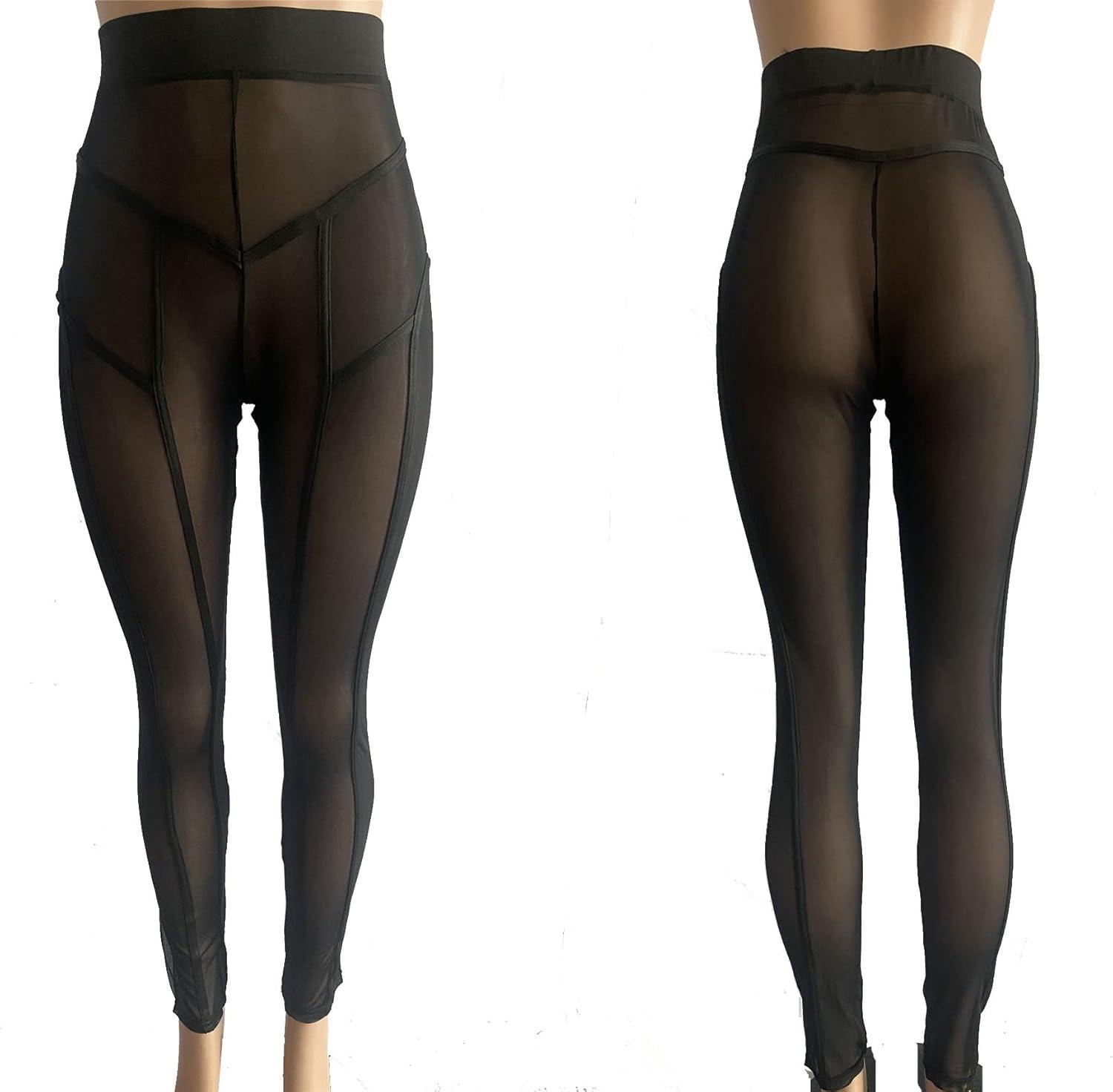 imageWomens Sexy See Through Sheer Mesh Pants Leggings High Waist Casual Sweatpants TightsBlack