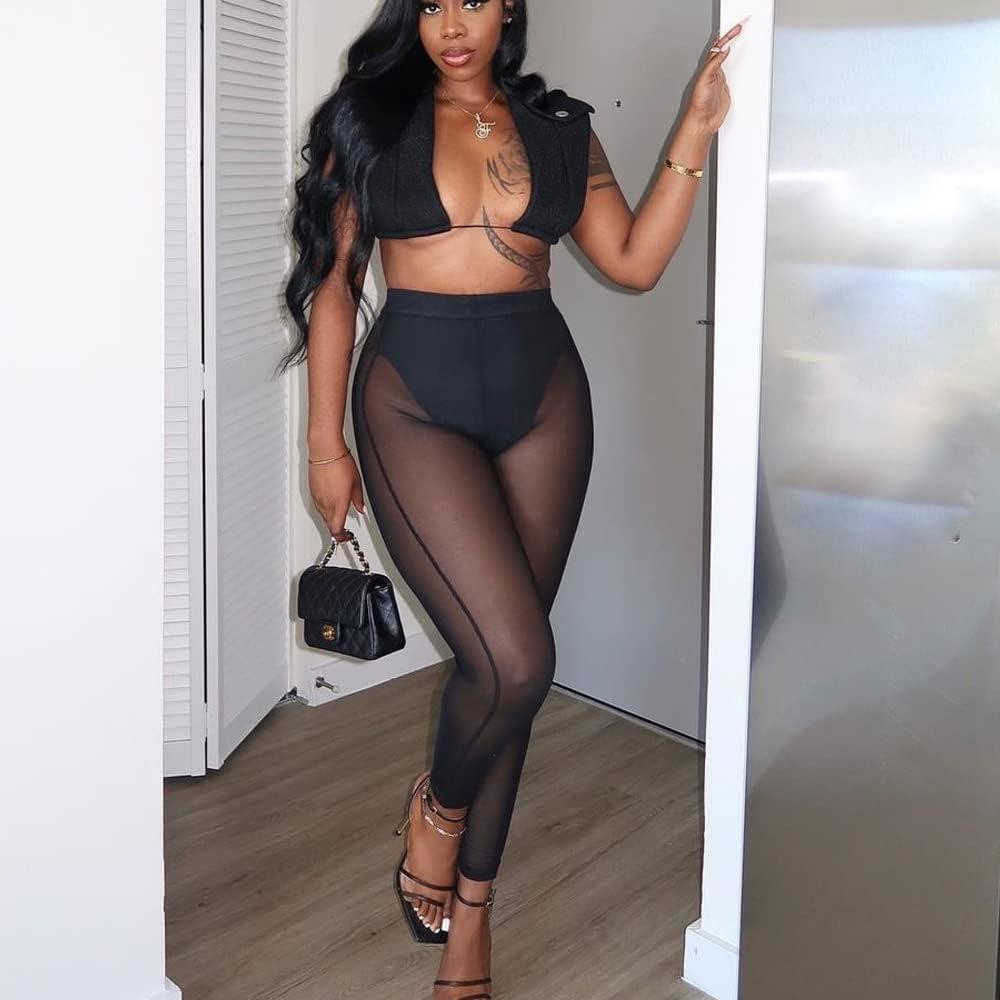 imageWomens Sexy See Through Sheer Mesh Pants Leggings High Waist Casual Sweatpants TightsBlack04