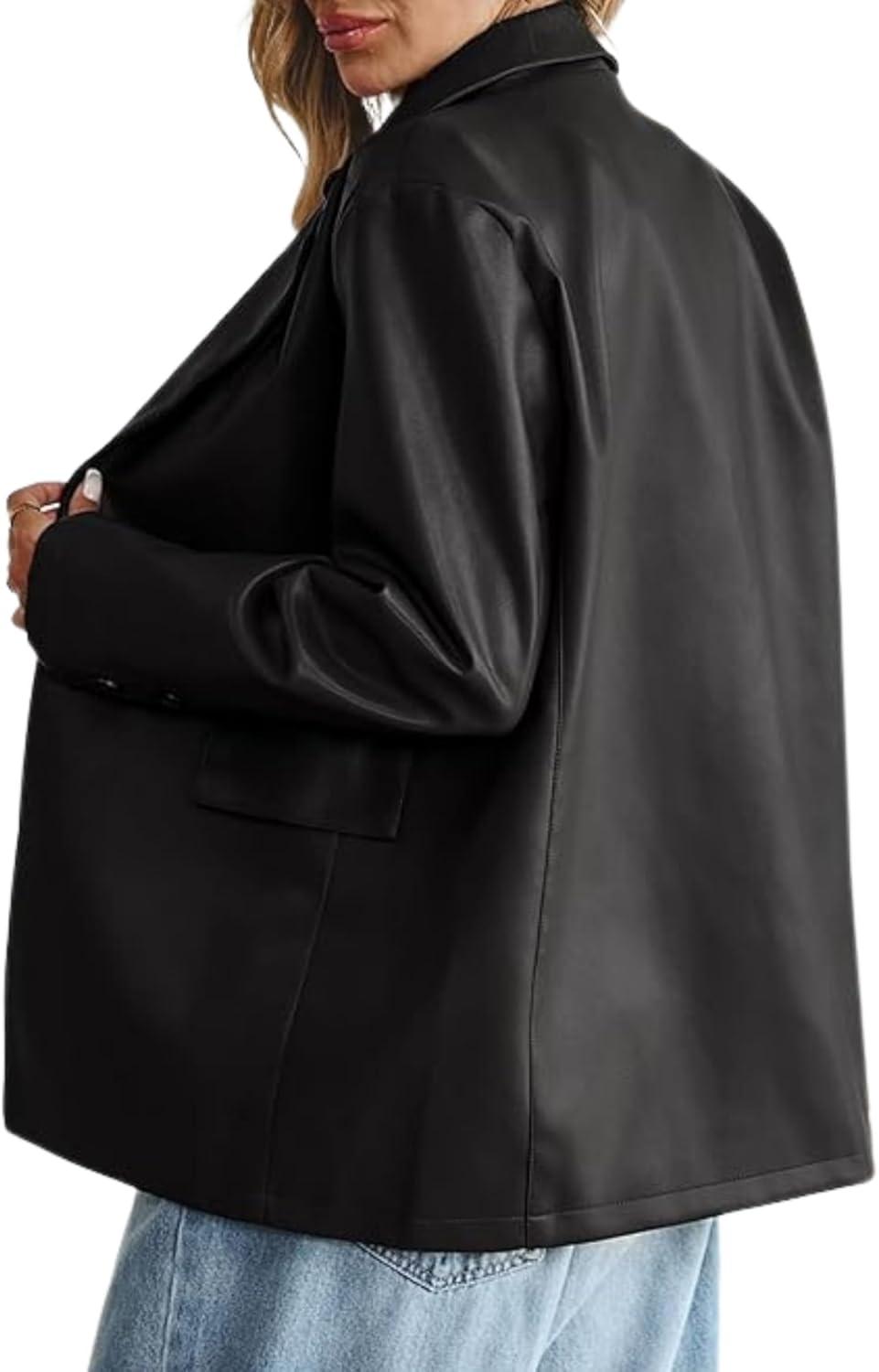 imageWomens Smart Casual Faux Leather Blazer Jacket Moto Biker Coat Long Sleeves Button Fashion CoatsBlack