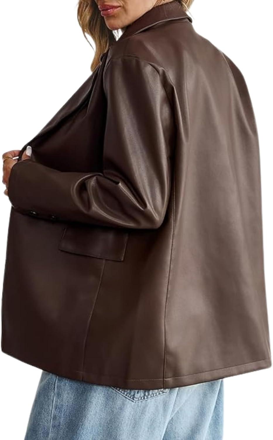 imageWomens Smart Casual Faux Leather Blazer Jacket Moto Biker Coat Long Sleeves Button Fashion CoatsBrown