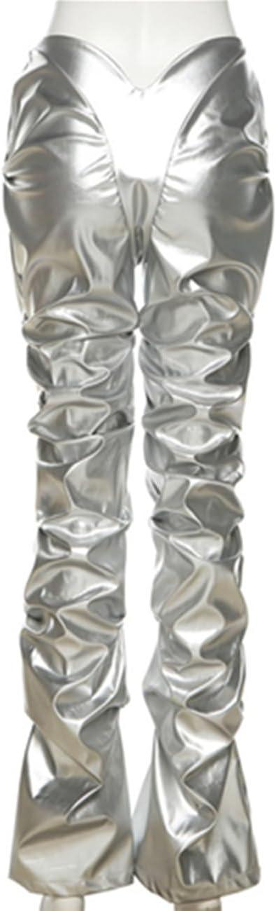 imageWomens Stacked Faux Leather Pants Low Waist Ruched Metallic Trouser
