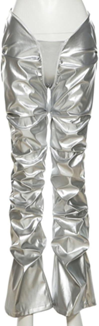 imageWomens Stacked Faux Leather Pants Low Waist Ruched Metallic Trouser