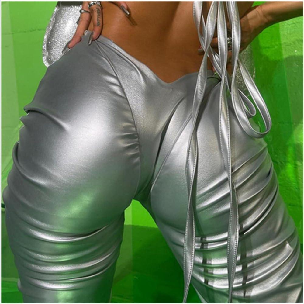 imageWomens Stacked Faux Leather Pants Low Waist Ruched Metallic Trouser