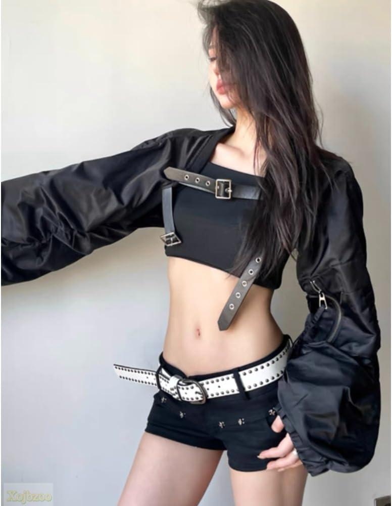 imageWomens Y2K Belted Black Motorcycle Jacket Pleated Long Sleeve Super Short Coat Trendy Summer FashionBlack