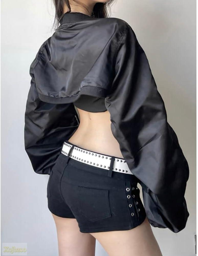 imageWomens Y2K Belted Black Motorcycle Jacket Pleated Long Sleeve Super Short Coat Trendy Summer FashionBlack