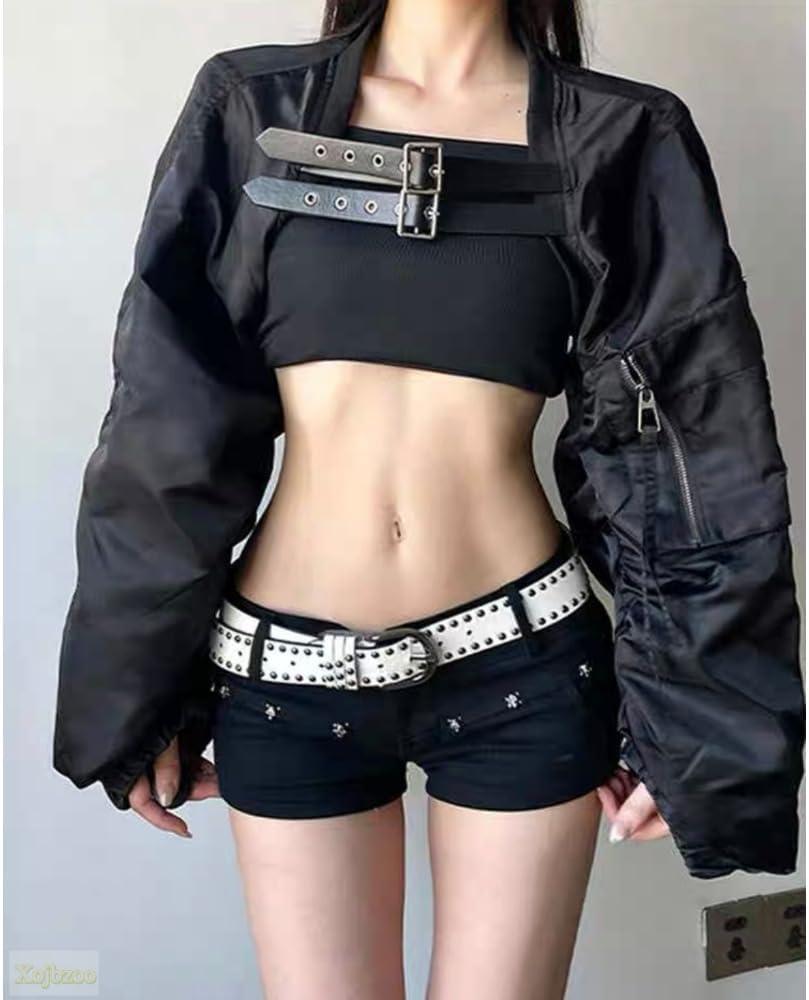 imageWomens Y2K Belted Black Motorcycle Jacket Pleated Long Sleeve Super Short Coat Trendy Summer FashionBlack