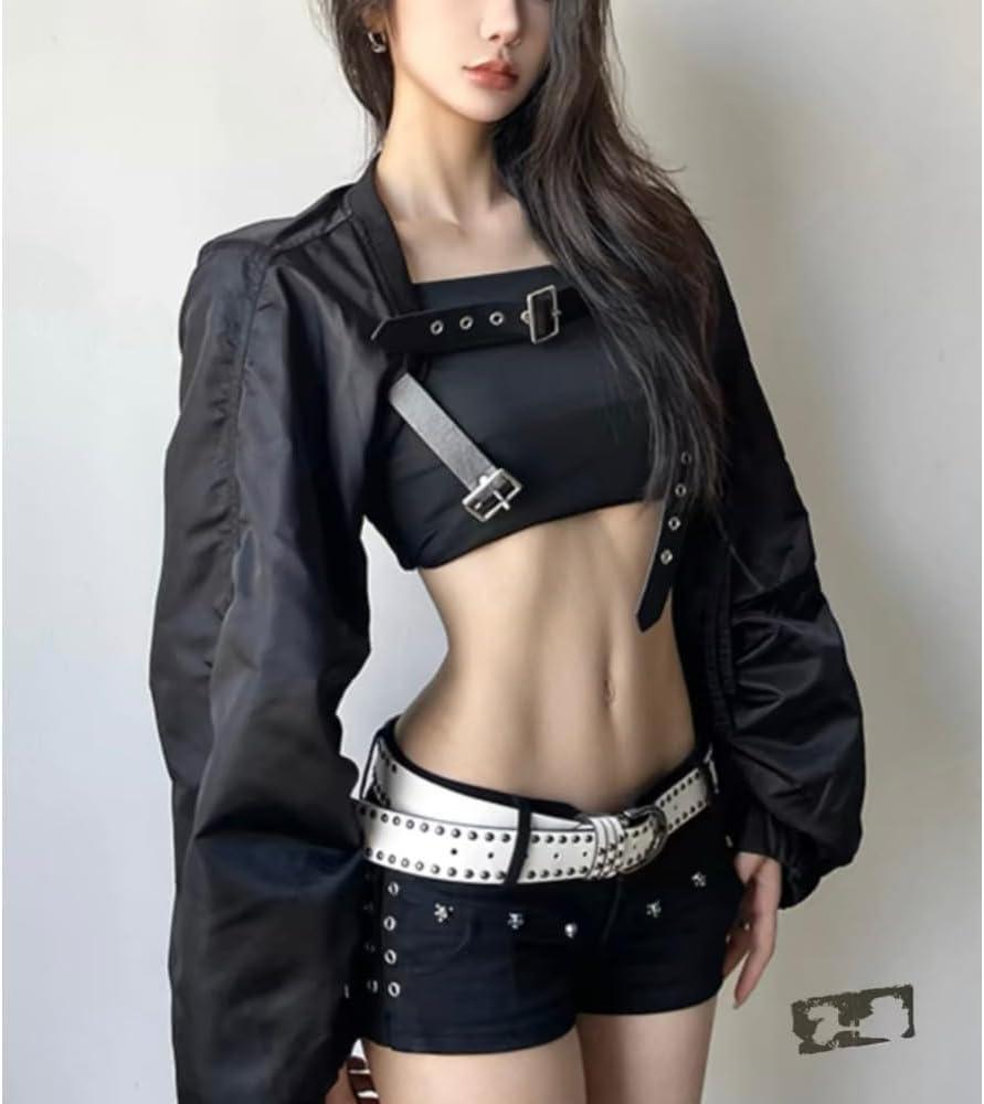 imageWomens Y2K Belted Black Motorcycle Jacket Pleated Long Sleeve Super Short Coat Trendy Summer FashionBlack