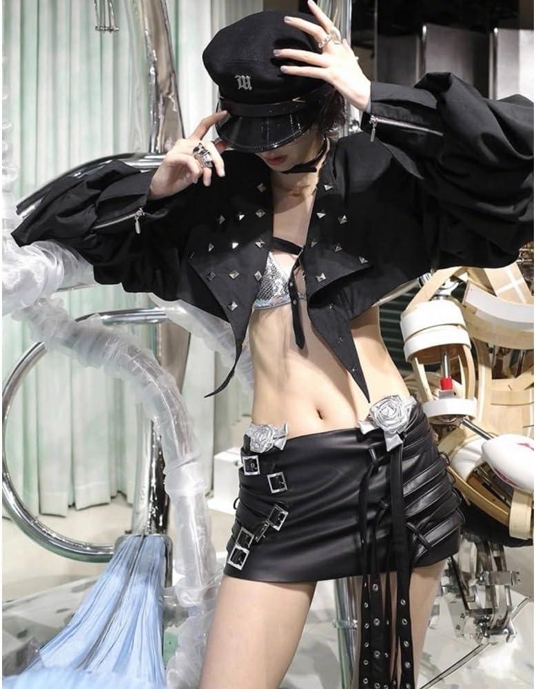 imageWomens Y2K Belted Black Motorcycle Jacket Pleated Long Sleeve Super Short Coat Trendy Summer FashionBlack1