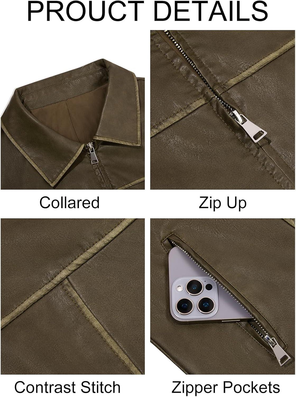 imageYousify Womens Faux Leather Jacket Casual Zip Up Motorcycle Long Sleeve Collared Fall Cropped Coats with PocketsArmy Green