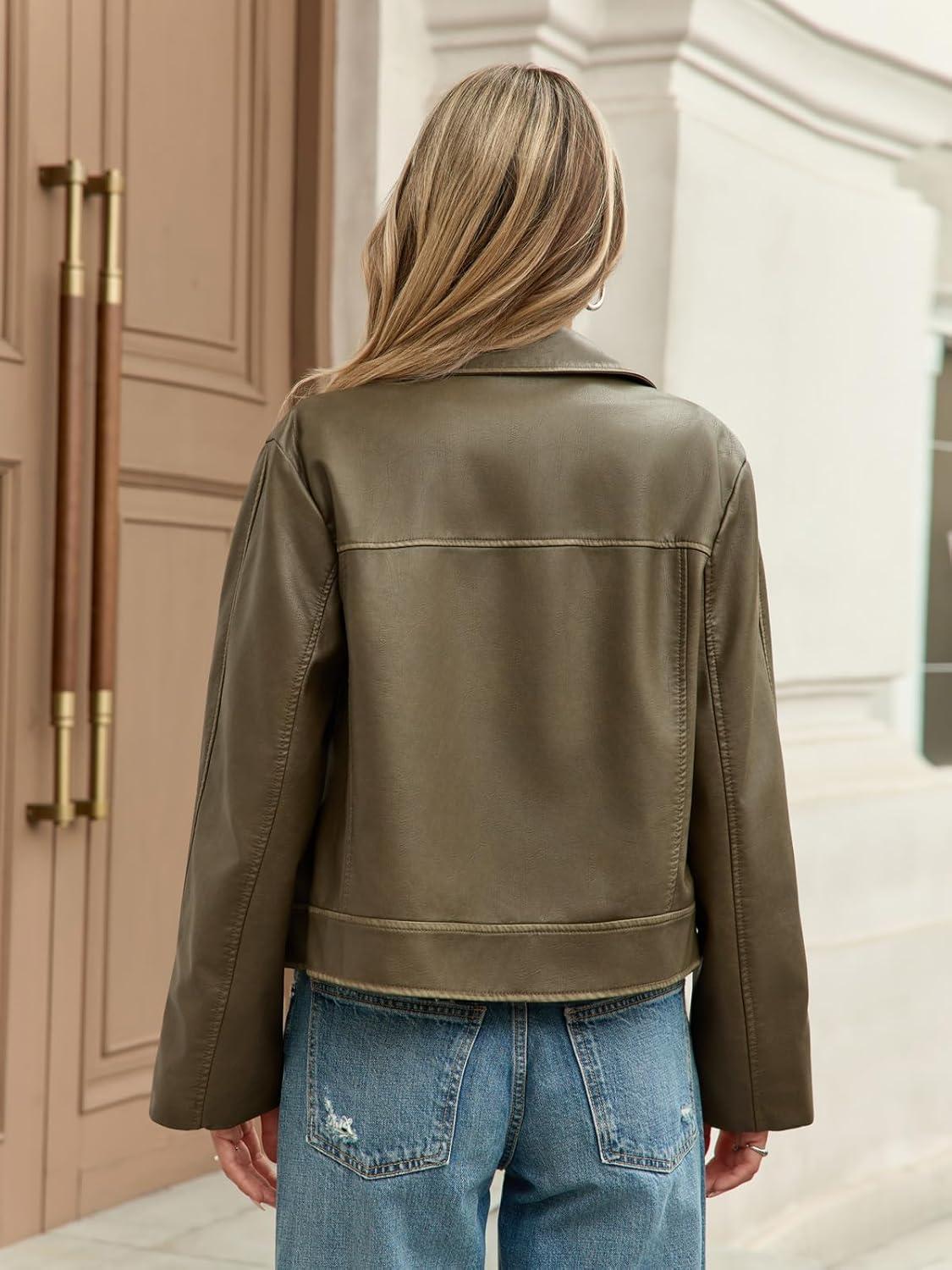 imageYousify Womens Faux Leather Jacket Casual Zip Up Motorcycle Long Sleeve Collared Fall Cropped Coats with PocketsArmy Green