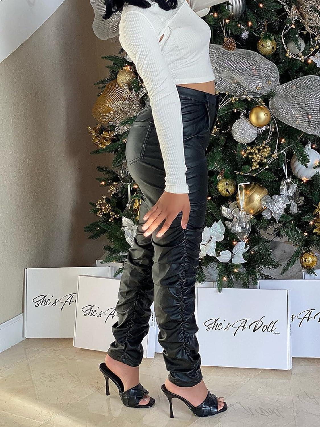 imagehibshaby Stretchy Faux Leather High Waist Pants for Women Stacked Leggings Trendy High Waist Trousers BlackBlack