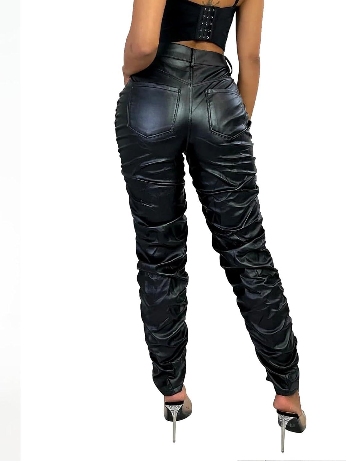 imagehibshaby Stretchy Faux Leather High Waist Pants for Women Stacked Leggings Trendy High Waist Trousers BlackBlack