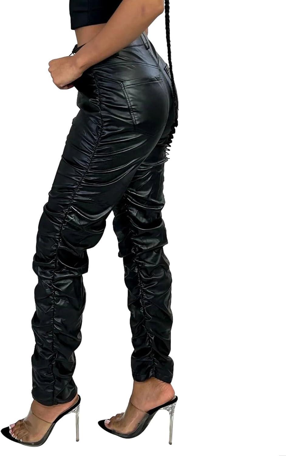 imagehibshaby Stretchy Faux Leather High Waist Pants for Women Stacked Leggings Trendy High Waist Trousers BlackBlack