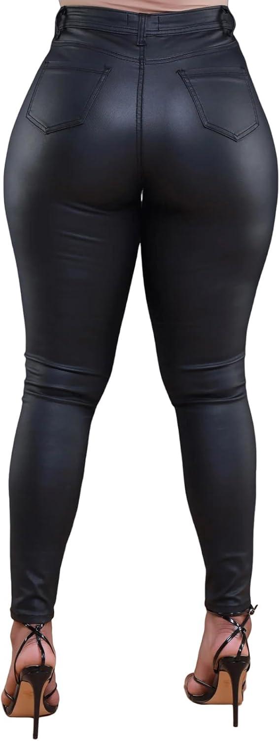 imagehibshaby Womens Stretchy Leggings Faux Leather Zipper Pants High Waist Casual TrousersTight Black