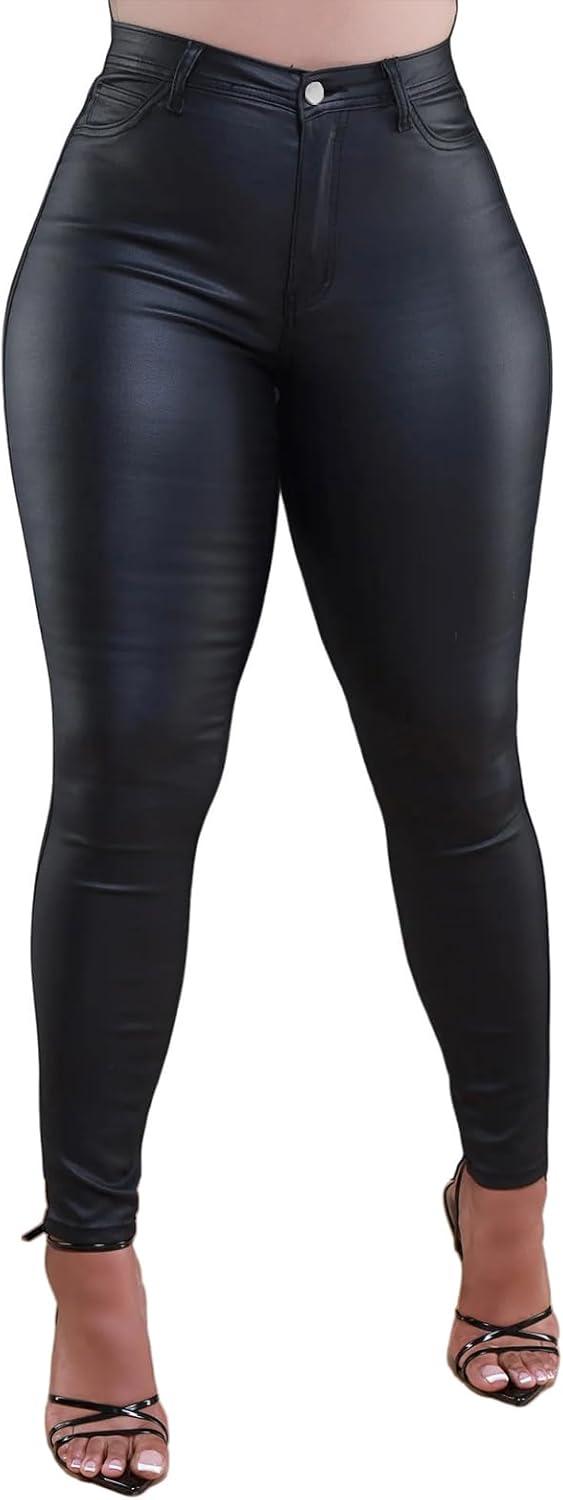 imagehibshaby Womens Stretchy Leggings Faux Leather Zipper Pants High Waist Casual TrousersTight Black