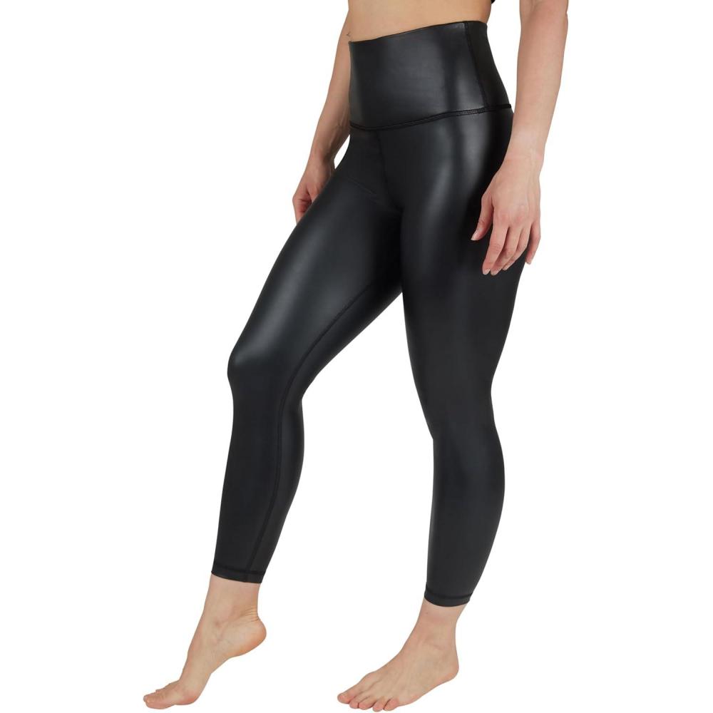 image90 Degree By Reflex Super High Waist High Shine Faux Leather Fleece Lined Elastic Free Ankle LeggingsBlack