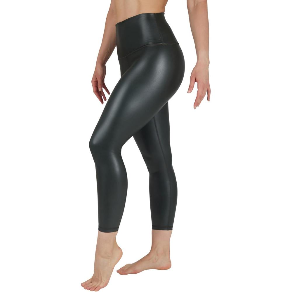 image90 Degree By Reflex Super High Waist High Shine Faux Leather Fleece Lined Elastic Free Ankle LeggingsBlack Olive Elastic Free