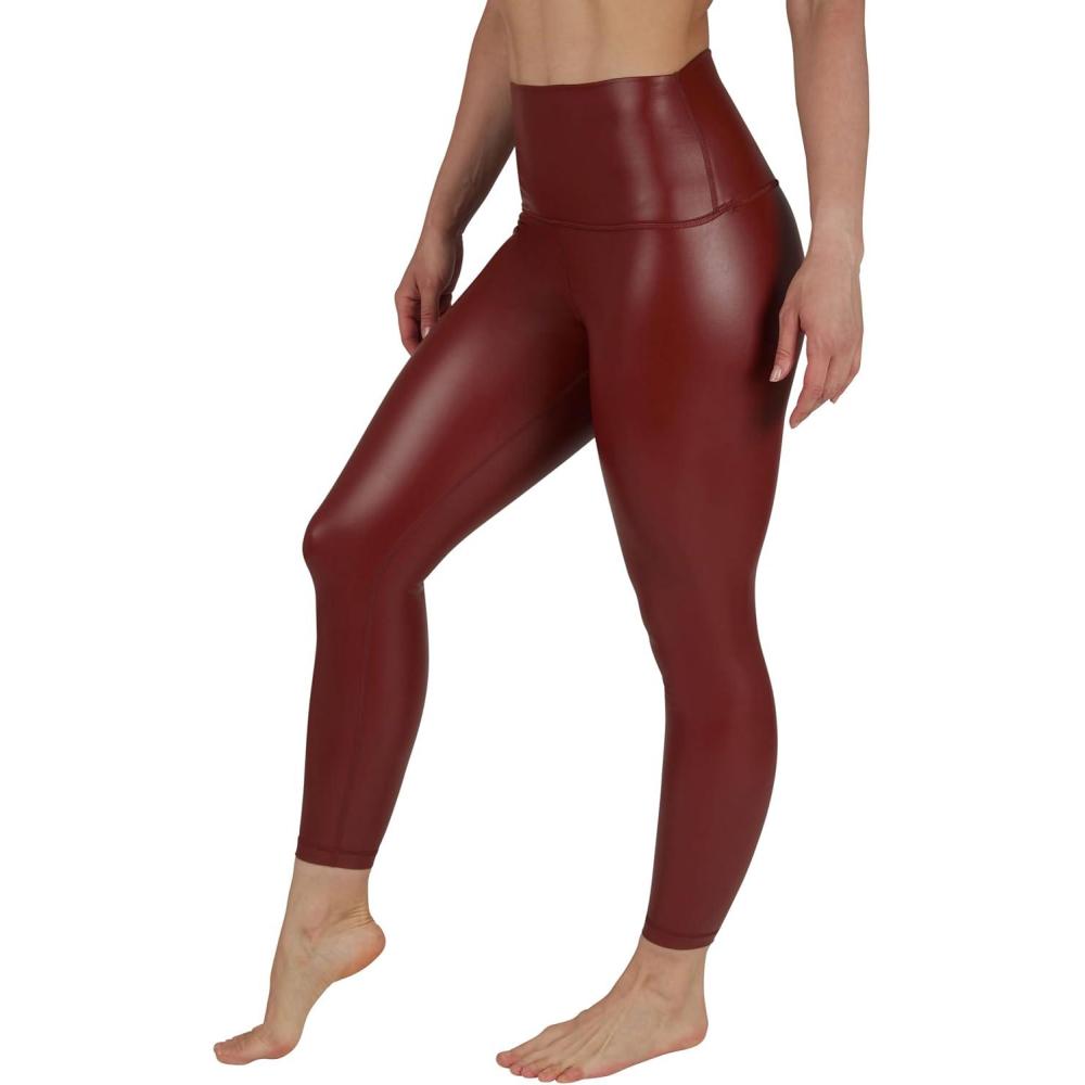 image90 Degree By Reflex Super High Waist High Shine Faux Leather Fleece Lined Elastic Free Ankle LeggingsDark Madder Elastic Free