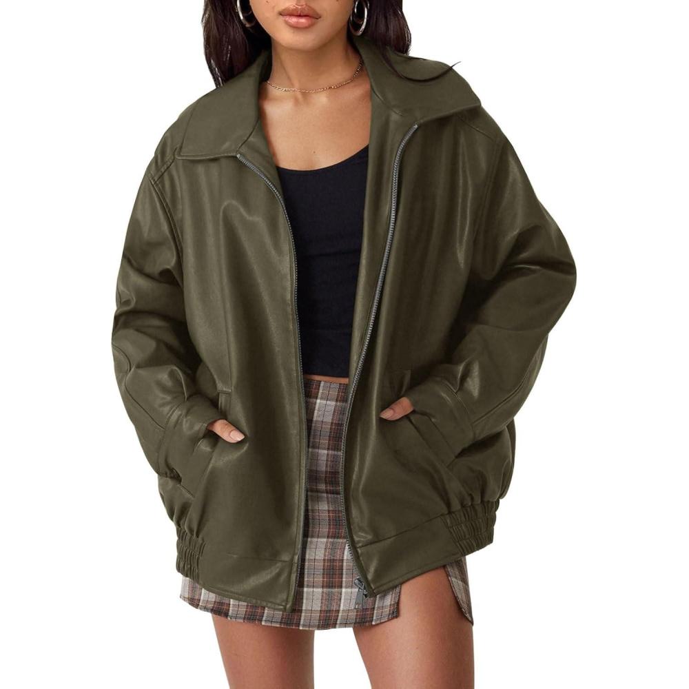 imageAUTOMET Womens Oversized Faux Leather Jacket Fall Motorcycle Style Coat with Zipper ClosureArmygreen