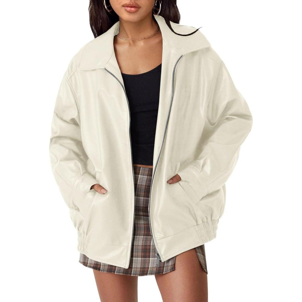 imageAUTOMET Womens Oversized Faux Leather Jacket Fall Motorcycle Style Coat with Zipper ClosureBeige