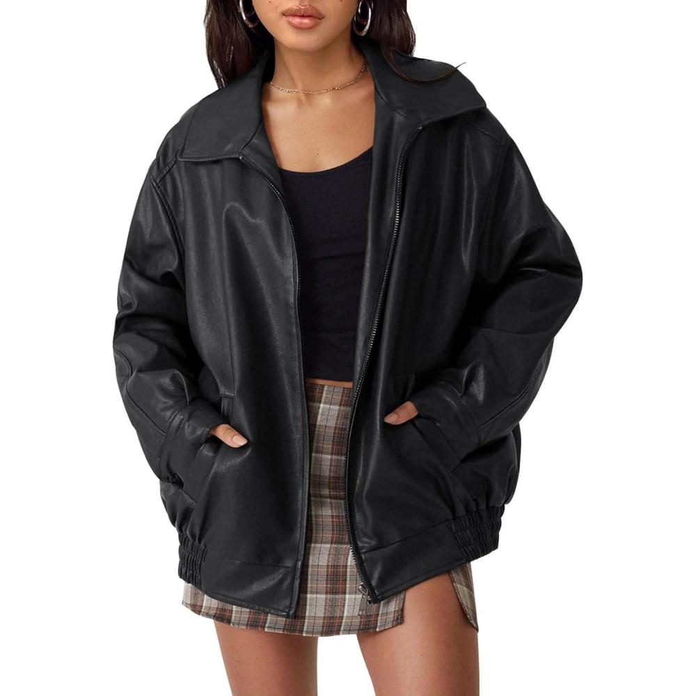 imageAUTOMET Womens Oversized Faux Leather Jacket Fall Motorcycle Style Coat with Zipper ClosureBlack