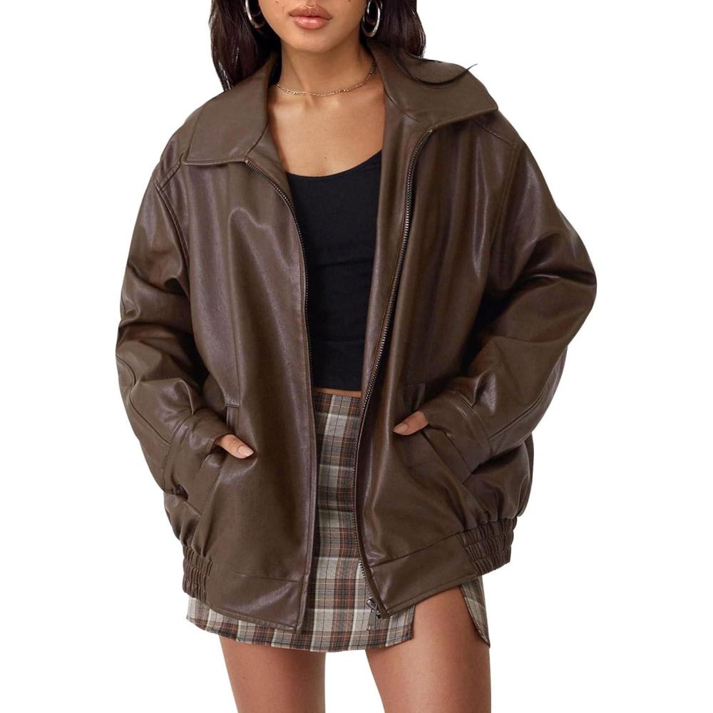 imageAUTOMET Womens Oversized Faux Leather Jacket Fall Motorcycle Style Coat with Zipper ClosureBrown