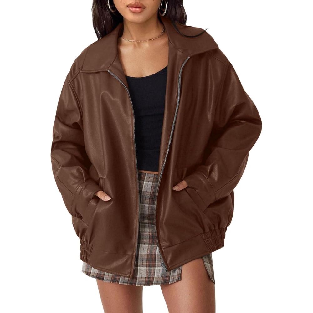 imageAUTOMET Womens Oversized Faux Leather Jacket Fall Motorcycle Style Coat with Zipper ClosureCaramel