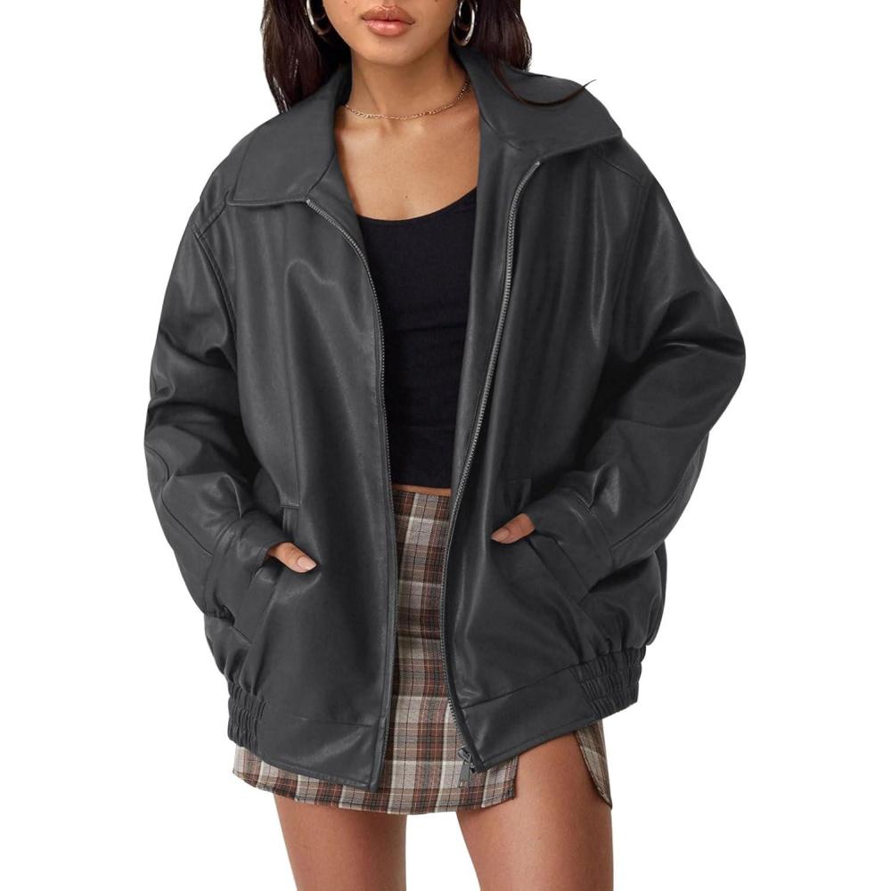 imageAUTOMET Womens Oversized Faux Leather Jacket  Fall Motorcycle Style Coat with Zipper ClosureDarkgrey