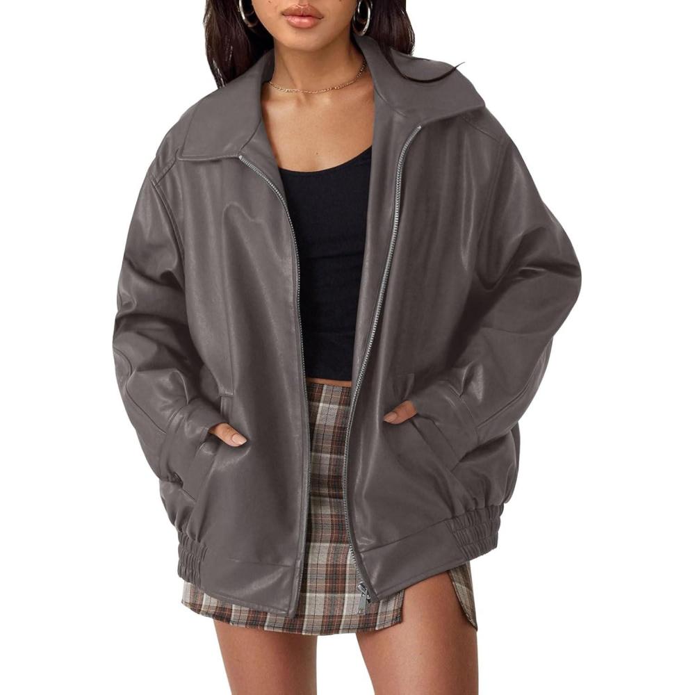 imageAUTOMET Womens Oversized Faux Leather Jacket Fall Motorcycle Style Coat with Zipper ClosureGrey