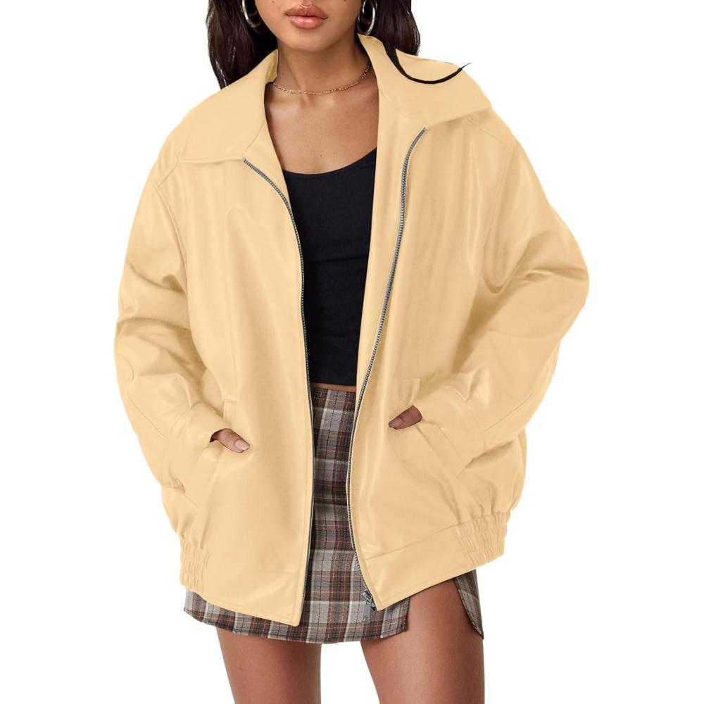imageAUTOMET Womens Oversized Faux Leather Jacket Fall Motorcycle Style Coat with Zipper ClosureKhaki