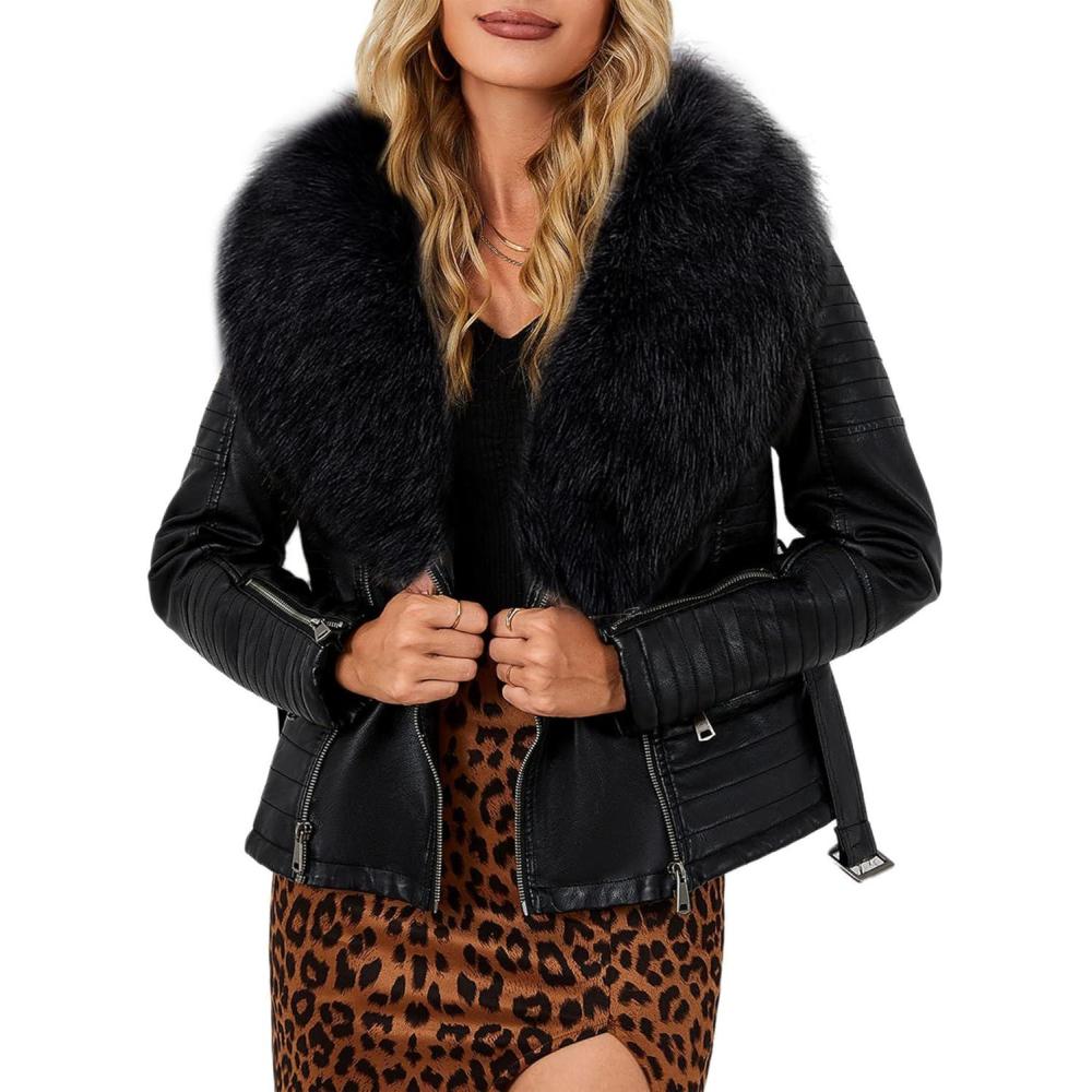 imageBellivera Womens Faux Leather Jacket Moto Biker SherpaLined Coat with Removable Fur CollarBlack Faux Fur