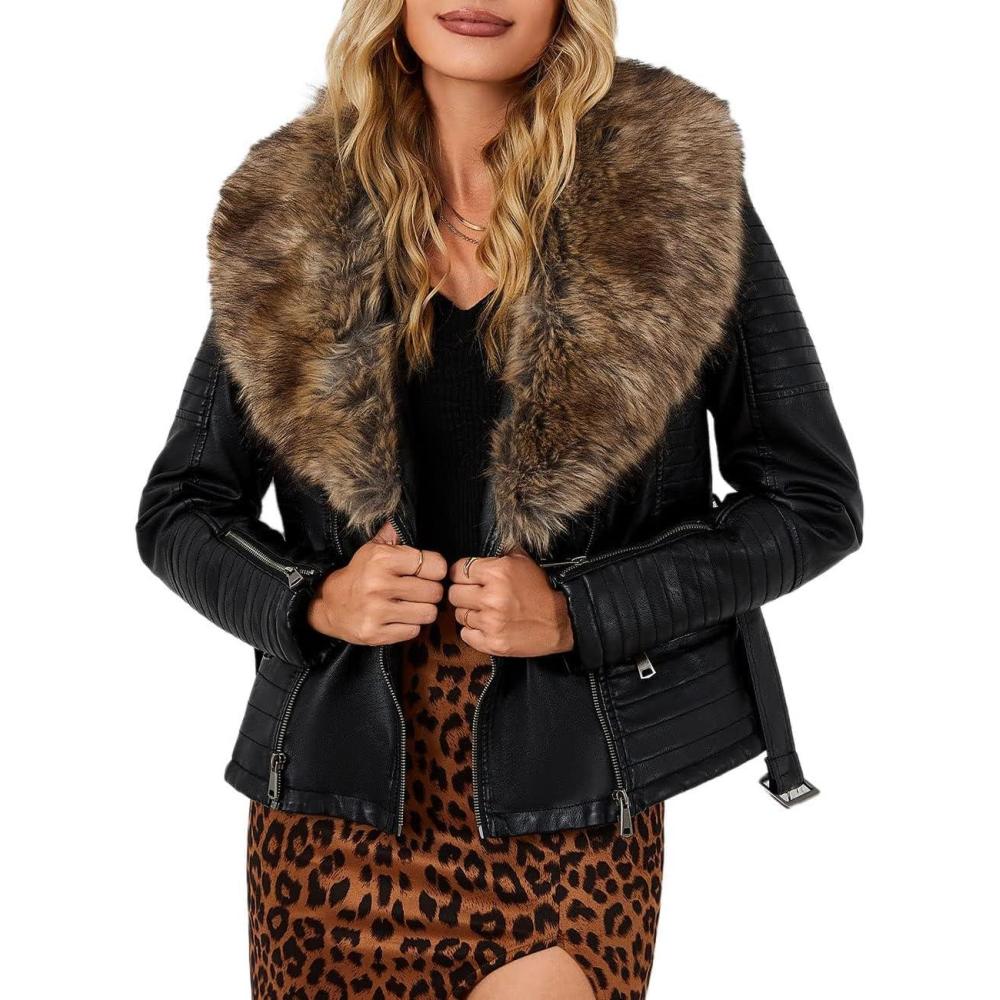 imageBellivera Womens Faux Leather Jacket Moto Biker SherpaLined Coat with Removable Fur CollarBlacknatural With Belt