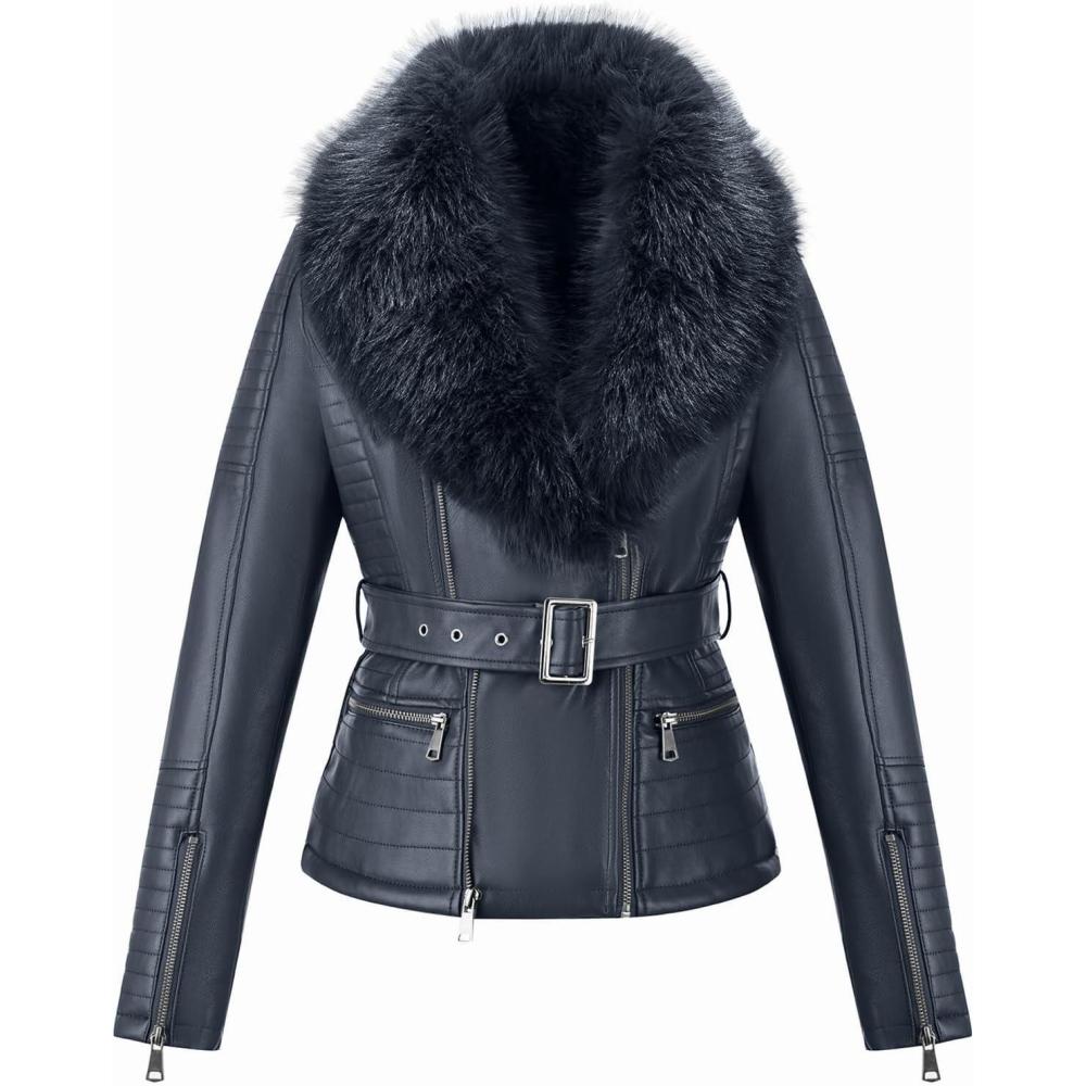 imageBellivera Womens Faux Leather Jacket Moto Biker SherpaLined Coat with Removable Fur CollarBlue Jacket