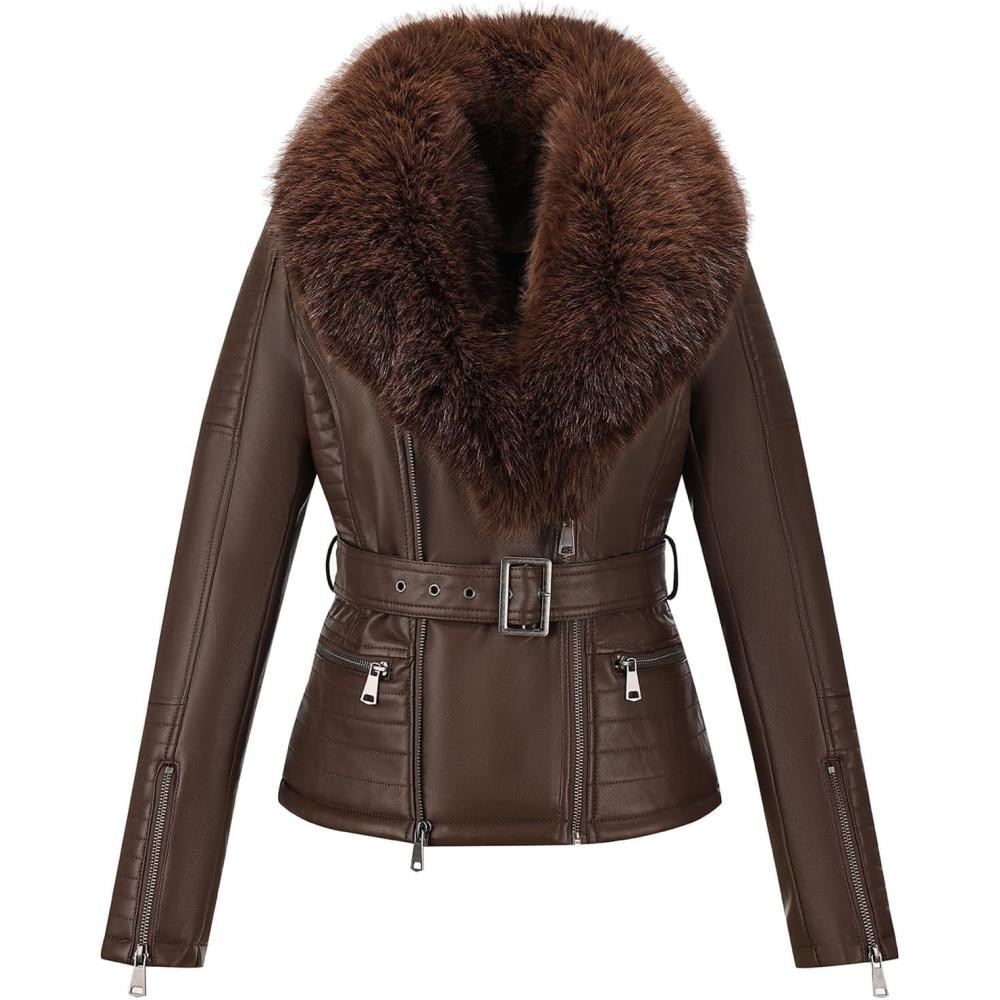 imageBellivera Womens Faux Leather Jacket Moto Biker SherpaLined Coat with Removable Fur CollarBrown Jacket