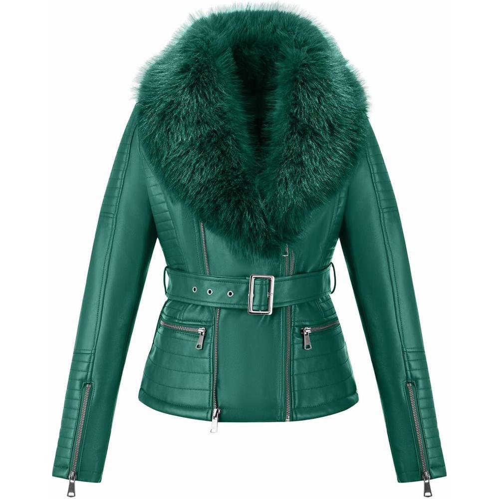 imageBellivera Womens Faux Leather Jacket Moto Biker SherpaLined Coat with Removable Fur CollarGreen Jacket